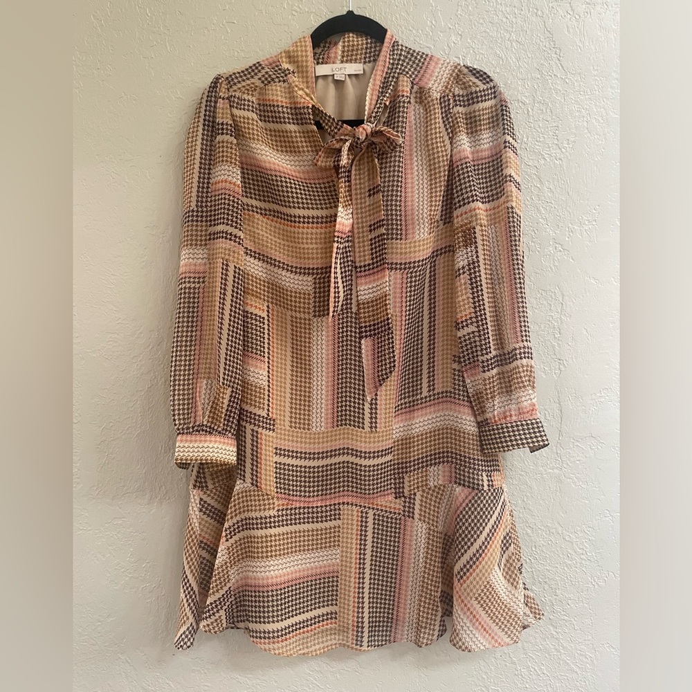 LOFT Pink Tan and Brown Geometric Tie-Neck Long Sleeve Dress